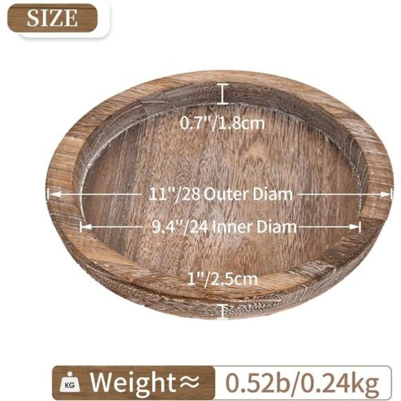 Rustic Wooden Serving Tray:Round Wood Butler Decorative Tray Vintage Centerpiece - Picture 5 of 6